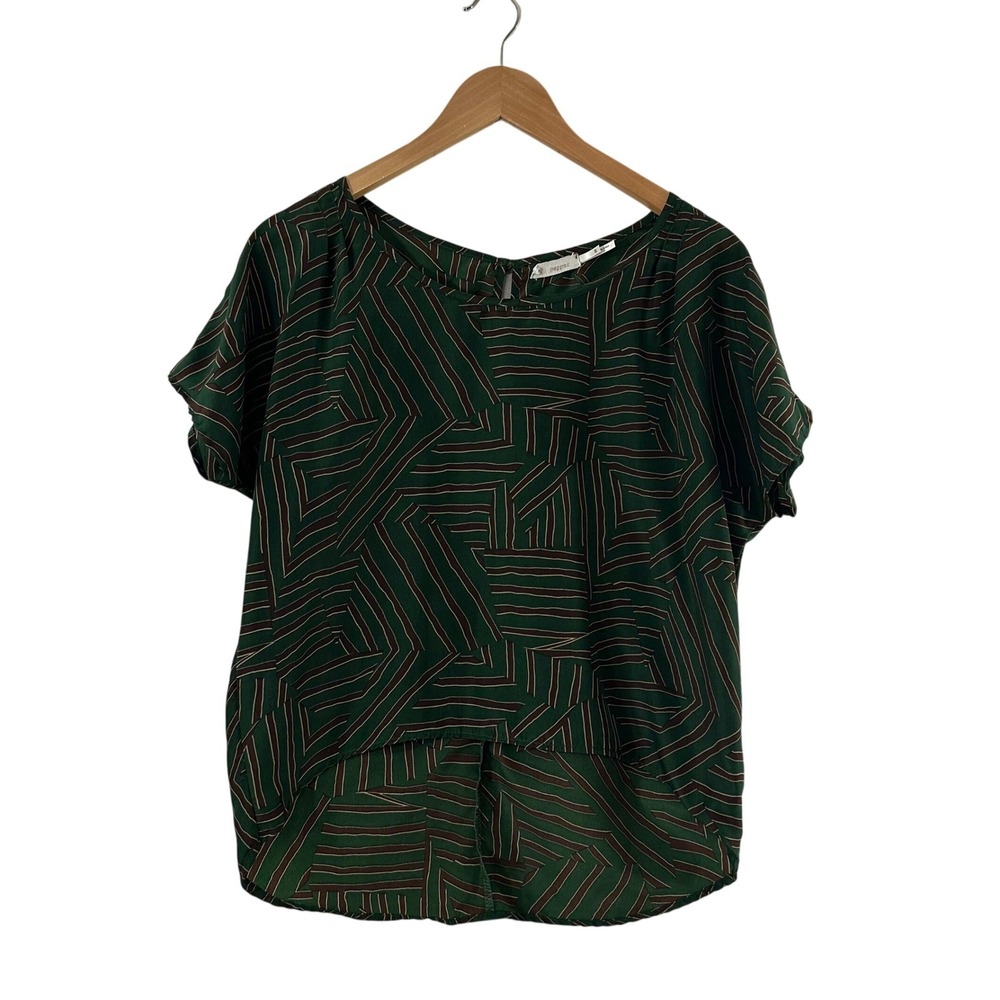 Chili Pepper Green Brown Geometric Stripe High Low Blouse Small